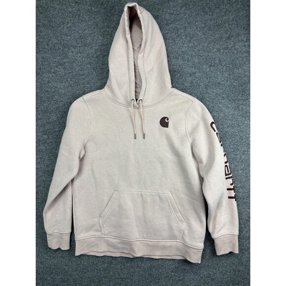 Carhartt Hoodie Sweatshirt Womens Large Pink Relaxed Fit Sleeve Logo Pullover - Picture 1 of 7